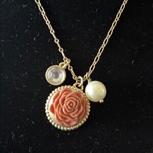 Lia Sophia Gold Rose Charm Necklace w/ Pearl & Rhinestone Accent